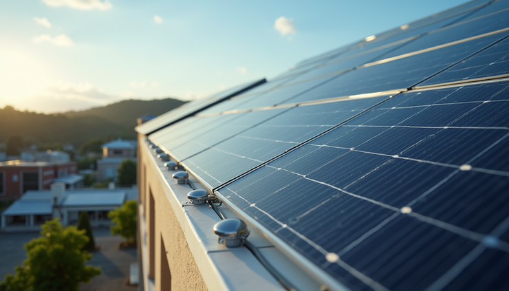 High angle view of solar panels installed on a commercial building in Jamaica