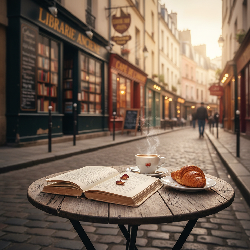 Livro aberto com café e croissant em Paris