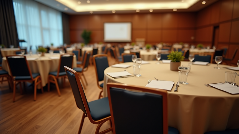 Close-up view of a round table with neatly arranged chairs in an event hall
