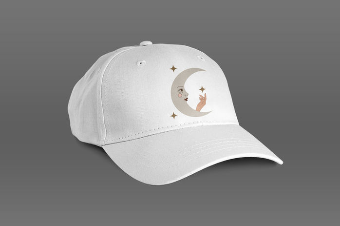 Moon & Hand graphic on a white ball cap mockup