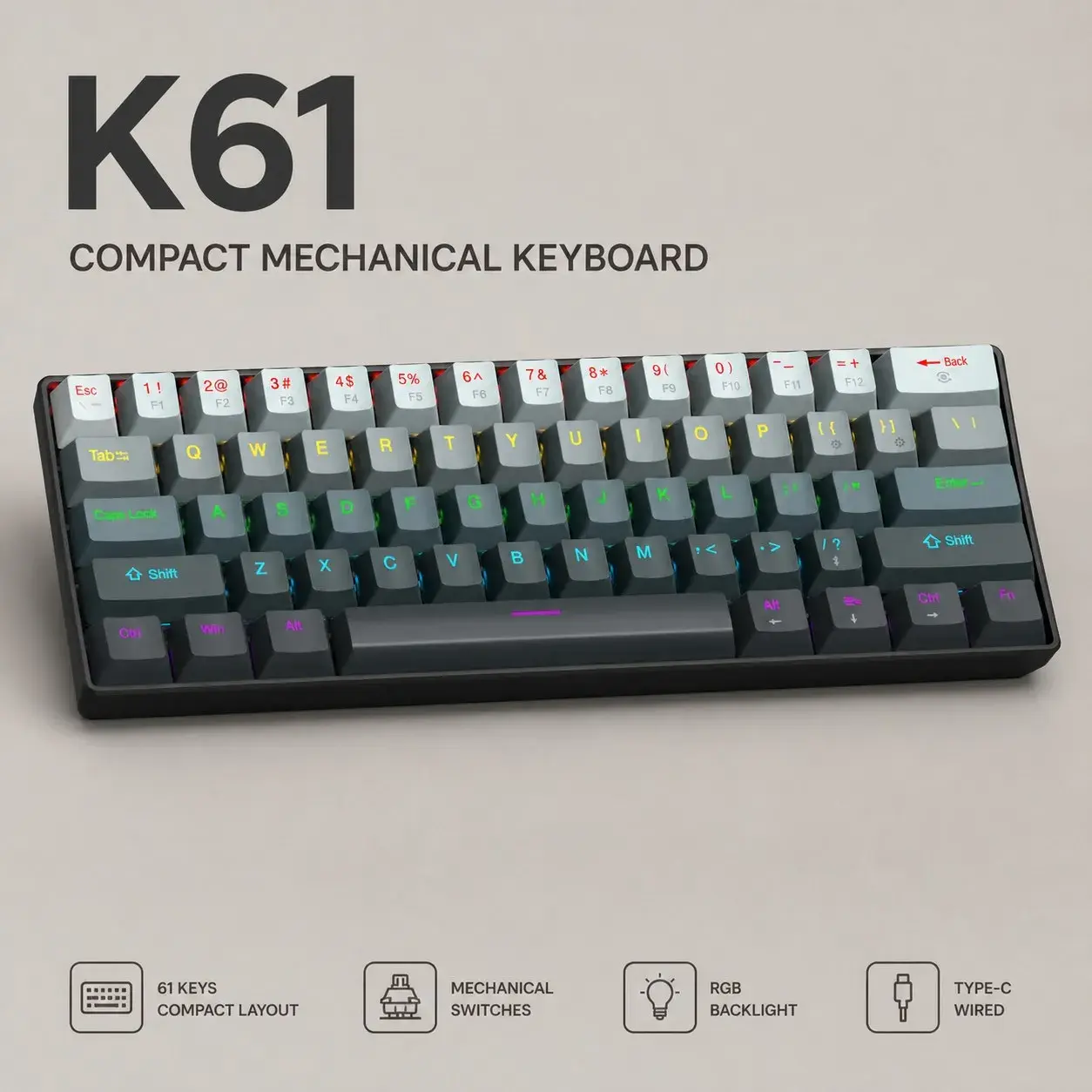 APAYADO K61 61-Key Mechanical Wired USB-C Keyboard with Blue or Red Switches