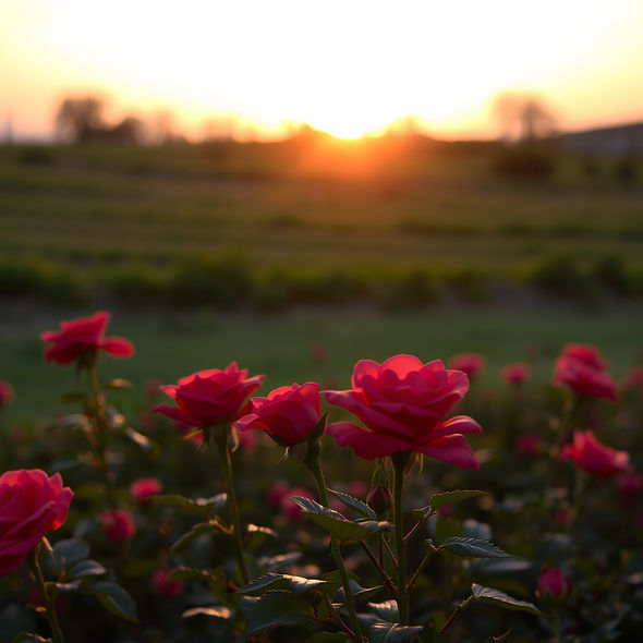 a field of roses at sunset with the sun setting in the background.jpg