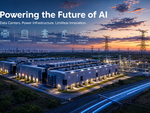 Modern AI data center campus with high-voltage power infrastructure, electrical substation, and fiber connectivity supporting artificial intelligence.