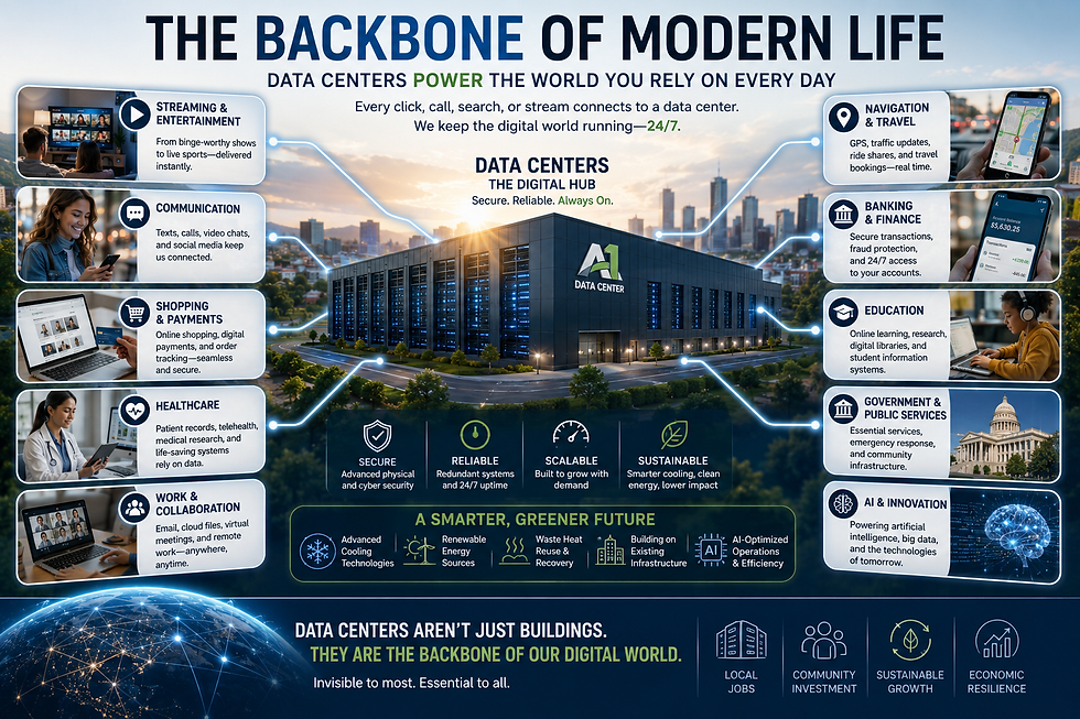 Futuristic data center showing how digital infrastructure powers everyday life, including healthcare, banking, education, communication, online shopping, AI, and cloud services.