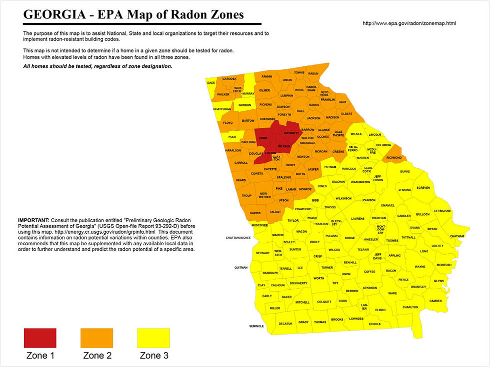 Georgia EPA Map of Radon Zones