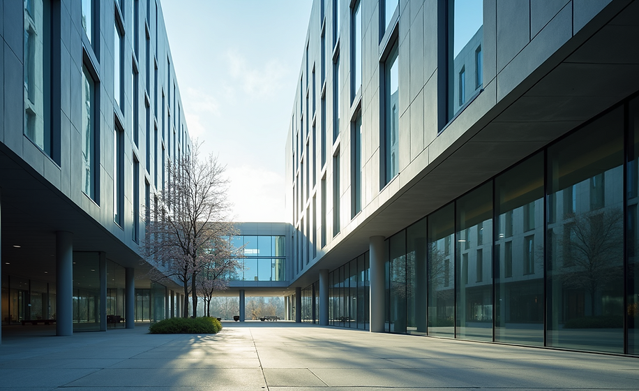 Exterior view of a modern multi-story commercial office building and glass breezeway managed by Key Property Management in Las Vegas.