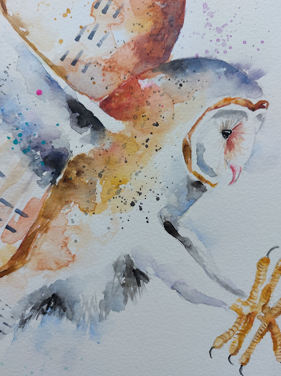 Thumbnail: original watercolour art painting of a  flying barn owl bird by Elle Smith