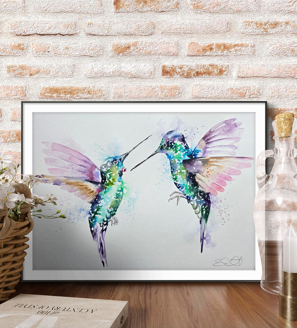 Thumbnail: Large Original Signed & Certificated Watercolour Painting Pair of  Hummi