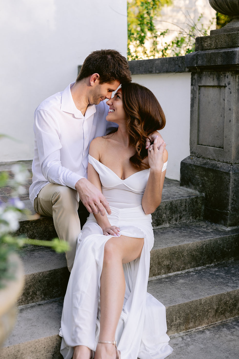 romantic engagement session in the formal gardens at Newfields Indianapolis