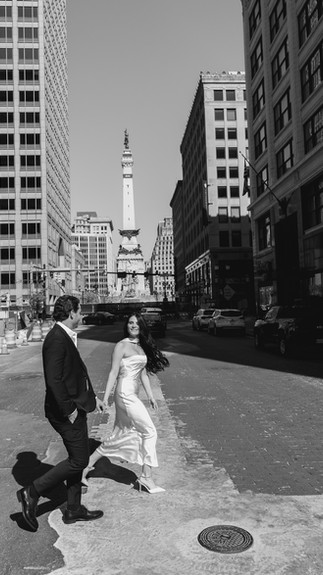 Formal engagement session in downtown Indianapolis featuring timeless black and white portraits
