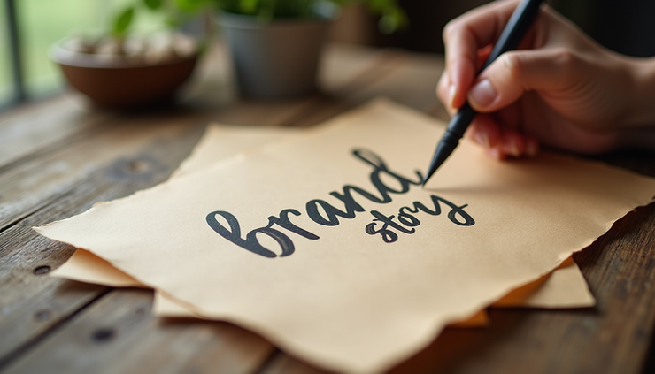 Close-up view of a handwritten brand story on a rustic paper