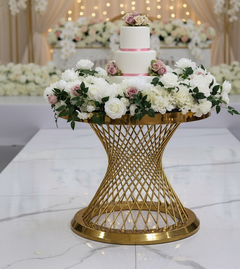 Spiral luxury gold cake table for hire