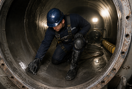 Technician performing confined space cleaning inside industrial vessel