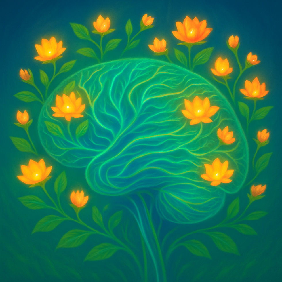 A vibrant neural landscape with intertwining neuron branches and bright pathways symbolizing dynamic and budding synaptic connections.