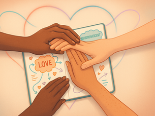 Hands united over an open notebook, filled with words and symbols of love, symbolizing a neurodivergent polycule collaboratively designing their unique relationships.