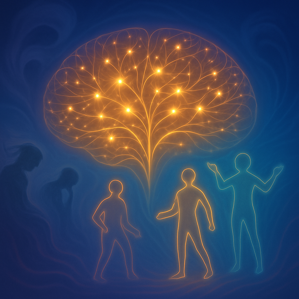 In a tranquil space, a softly glowing brain symbolizes transformation as gentle currents of light—representing ketamine—wash away old defenses, invigorating neuron branches with shimmering potential and dreamlike colors.