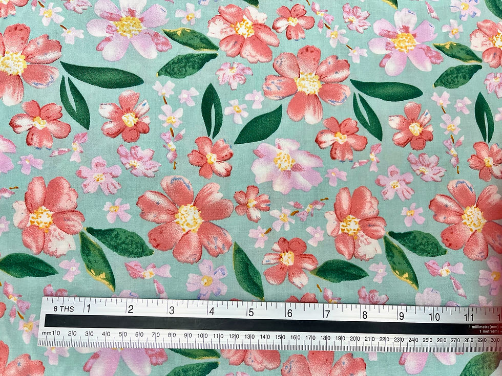 Thumbnail: Coral & Lilac Flowers on Duck Egg Green Viscose