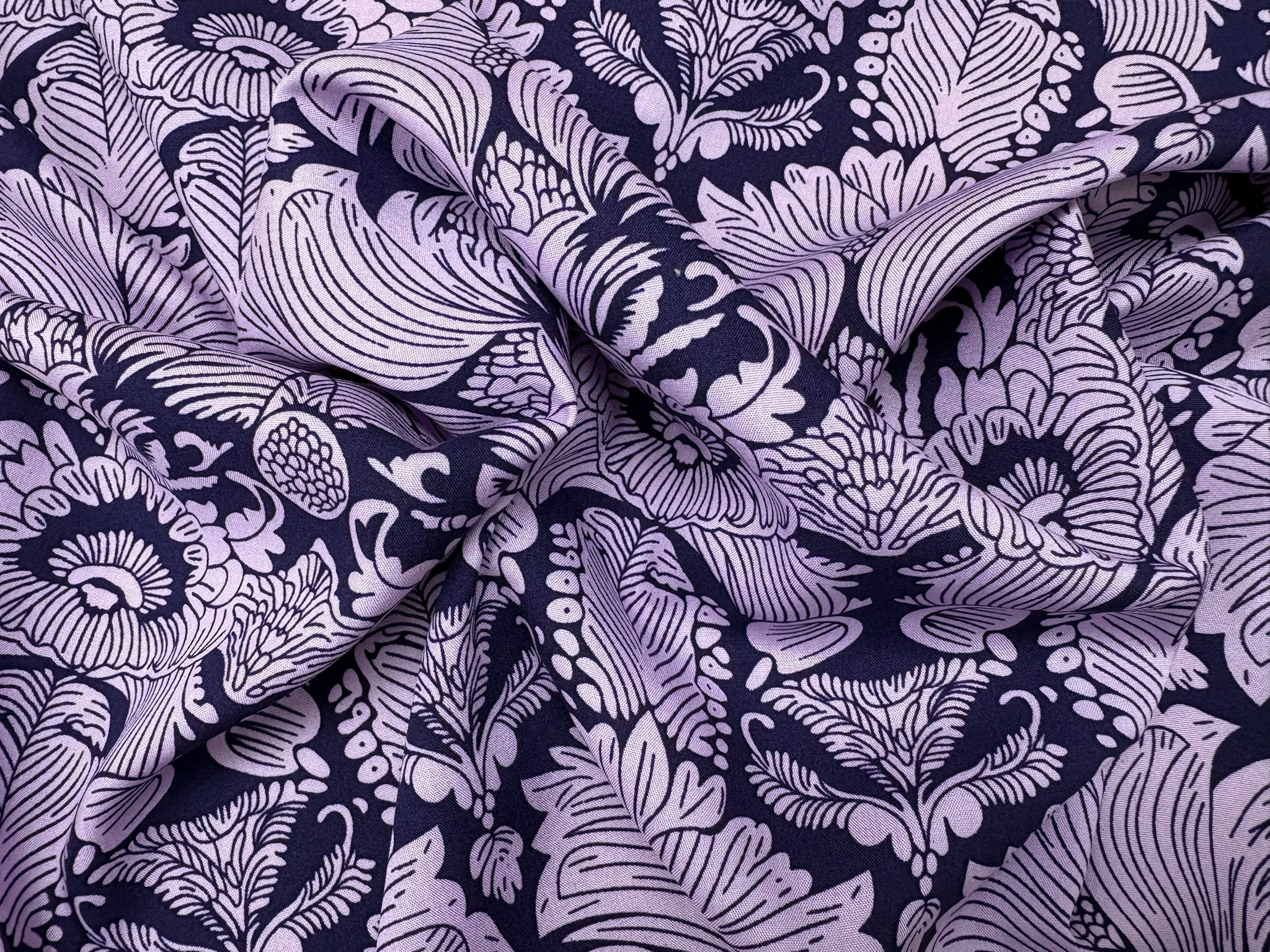 Navy & Lilac Damask Viscose