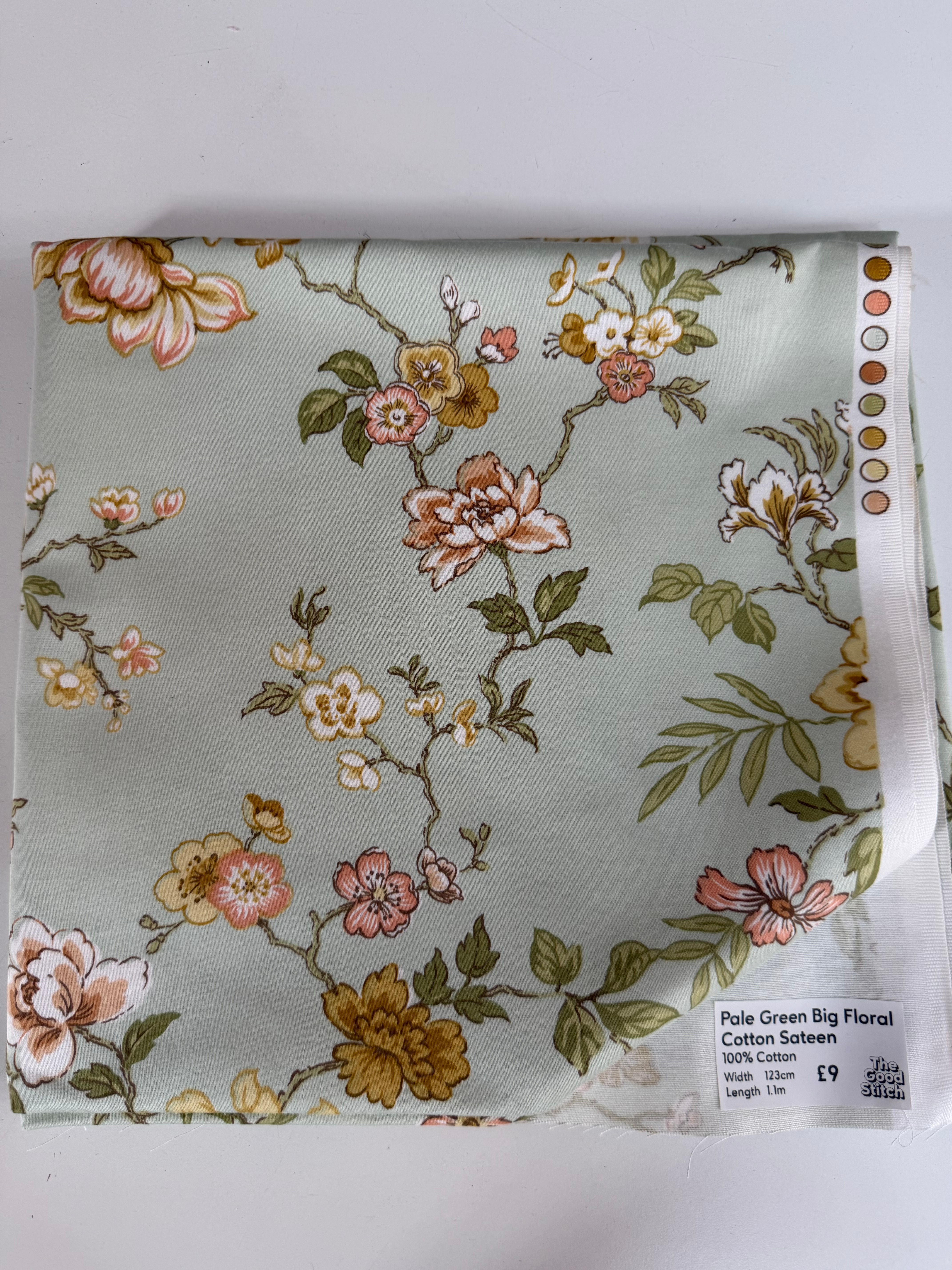 Pale Green Big Floral Cotton Sateen