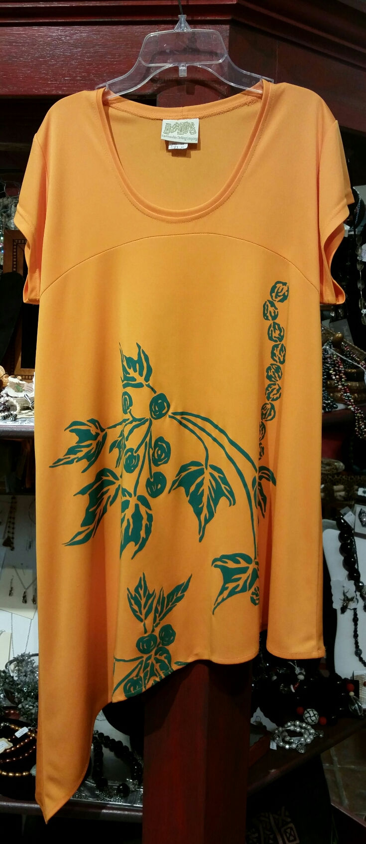 t801 asymetric tunic orange with teal kukui