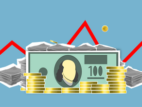 Cartoon money with increasing red graph behind it on blue background