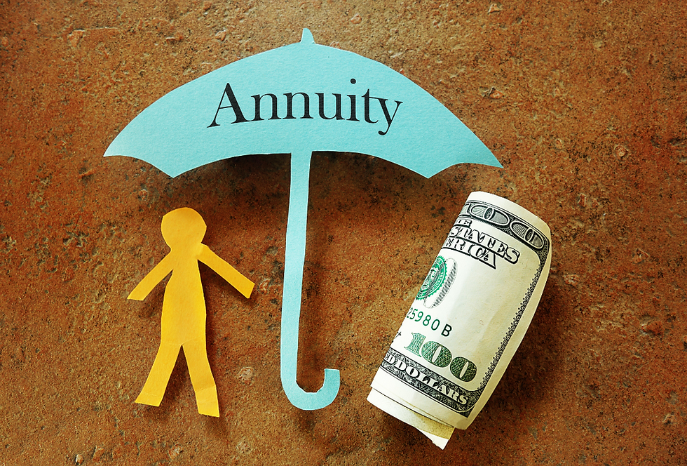 A blue umbrella that says Annuity on it is covering a yellow paper cut out of a person and a $100 bill