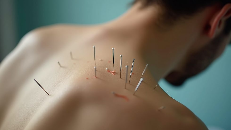 Eye-level view of acupuncture needles inserted on a patient's back