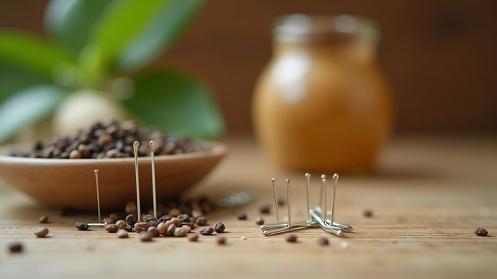 Close-up view of acupuncture needles with herbal medicine in the background