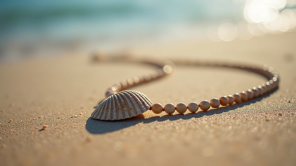 Close-up view of a handmade shell necklace on a sandy beach