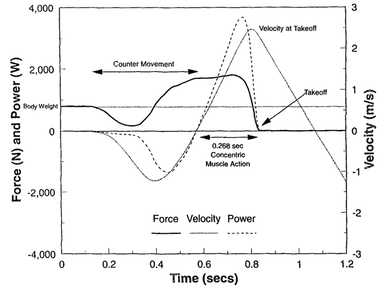 Figure 3. Force, velocity, and power output during a vertical jump with counter movement. The concentric muscle action is only 268 m/s long. The resulting takeoff velocity is determined by the sum of the forces that can be produced during this short period.