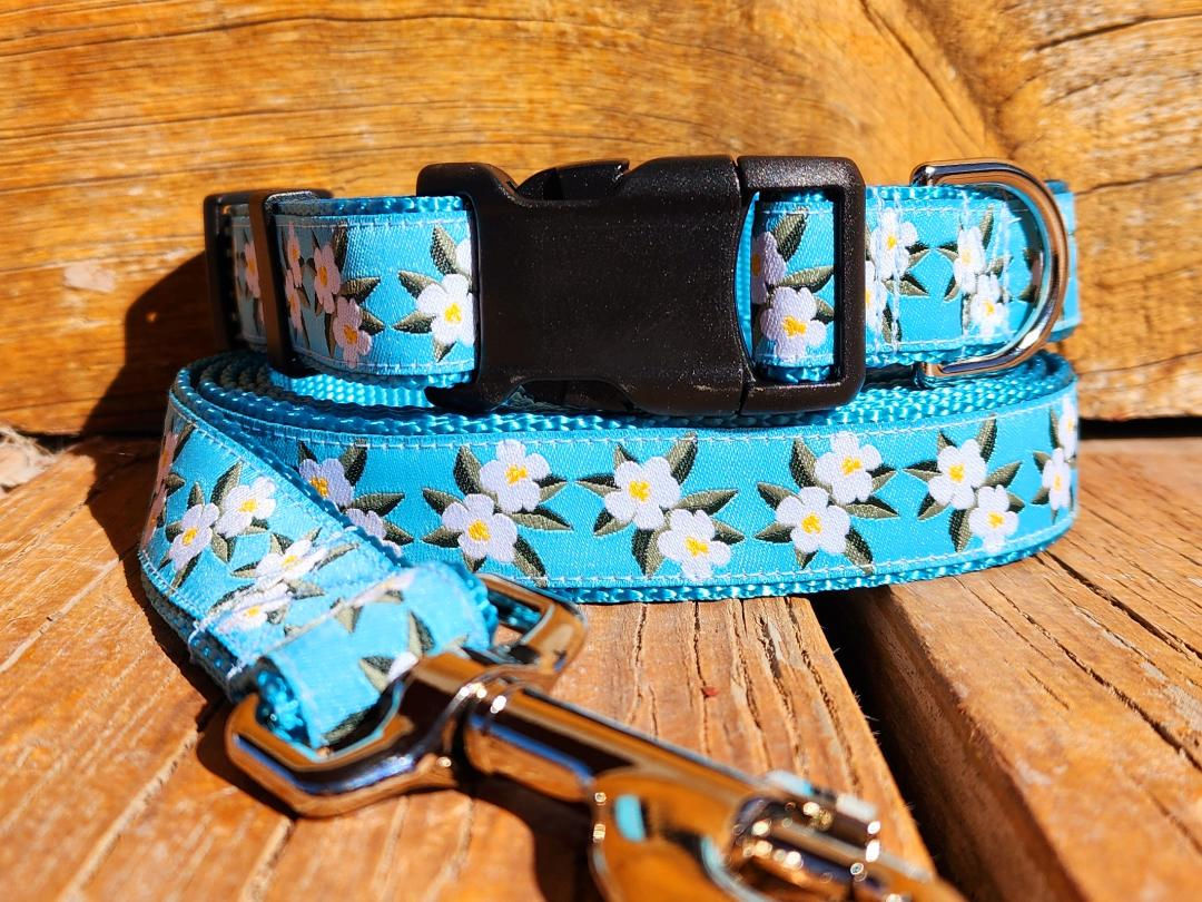 1" Blue Floral Dog Collar, Leash, or Martingale - 1" wide