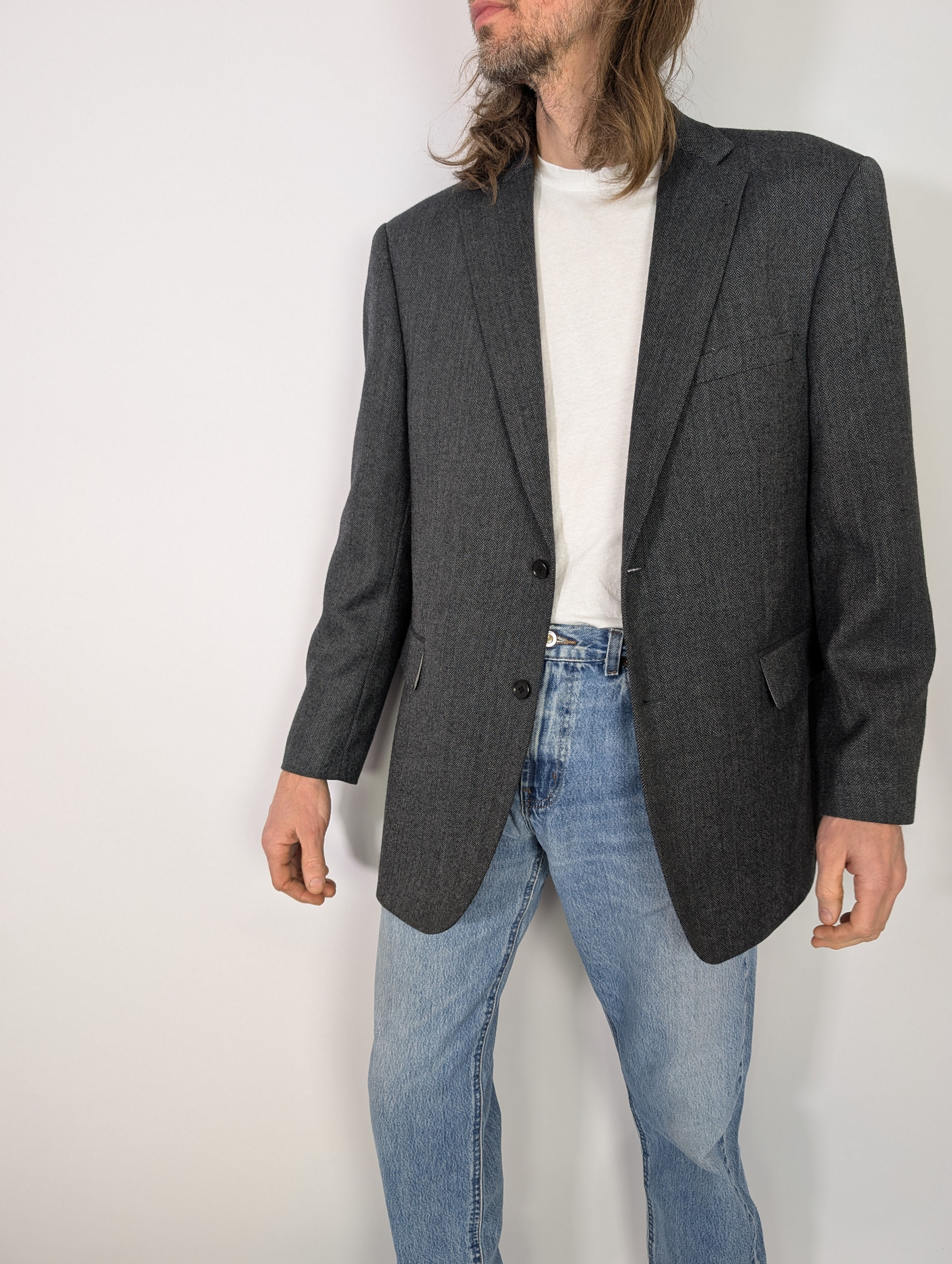 Vintage grå fiskbensblazer i ren ull (L-XL)