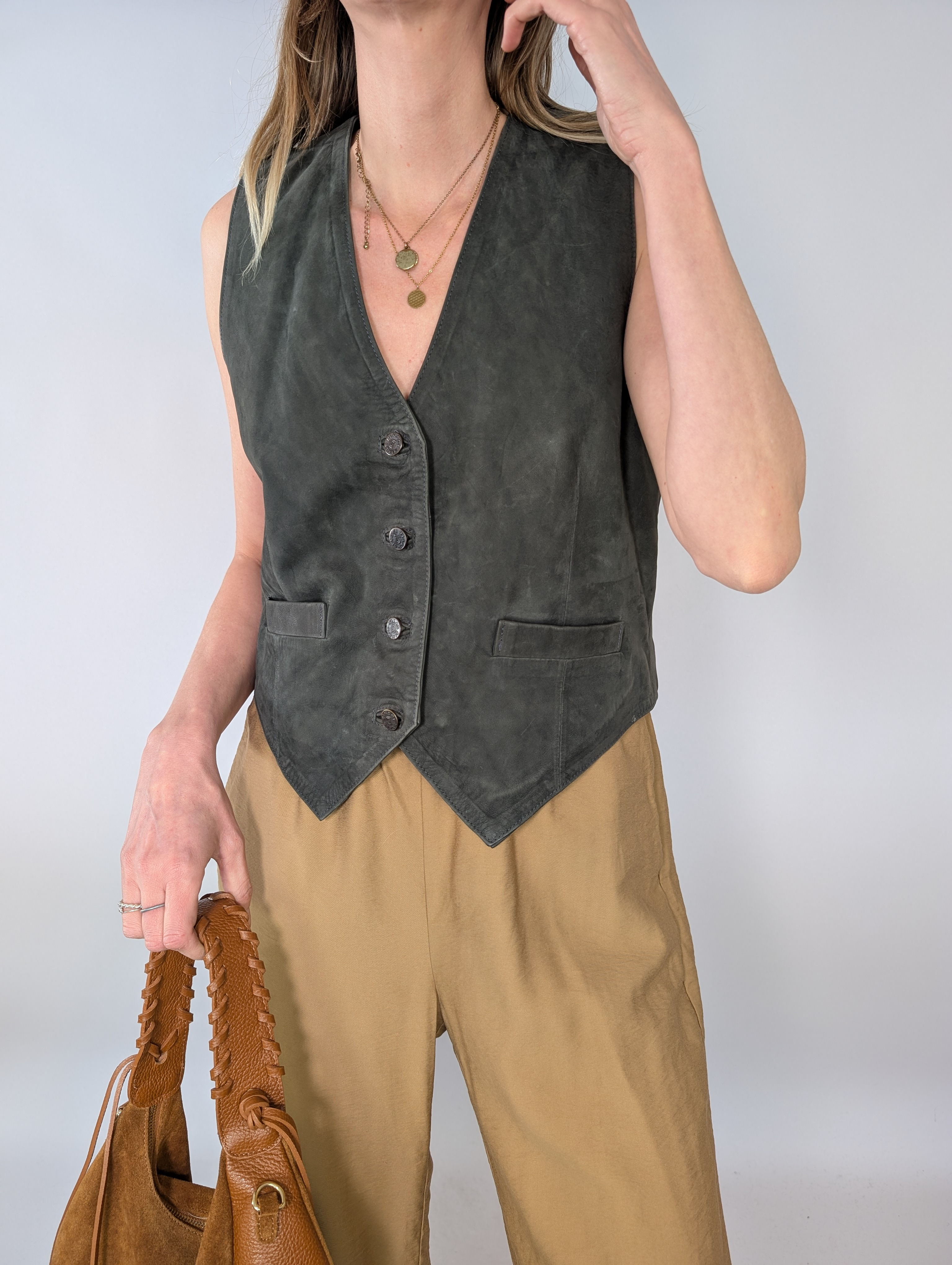 Vintage 90-tal khakigrön skinnväst (M)