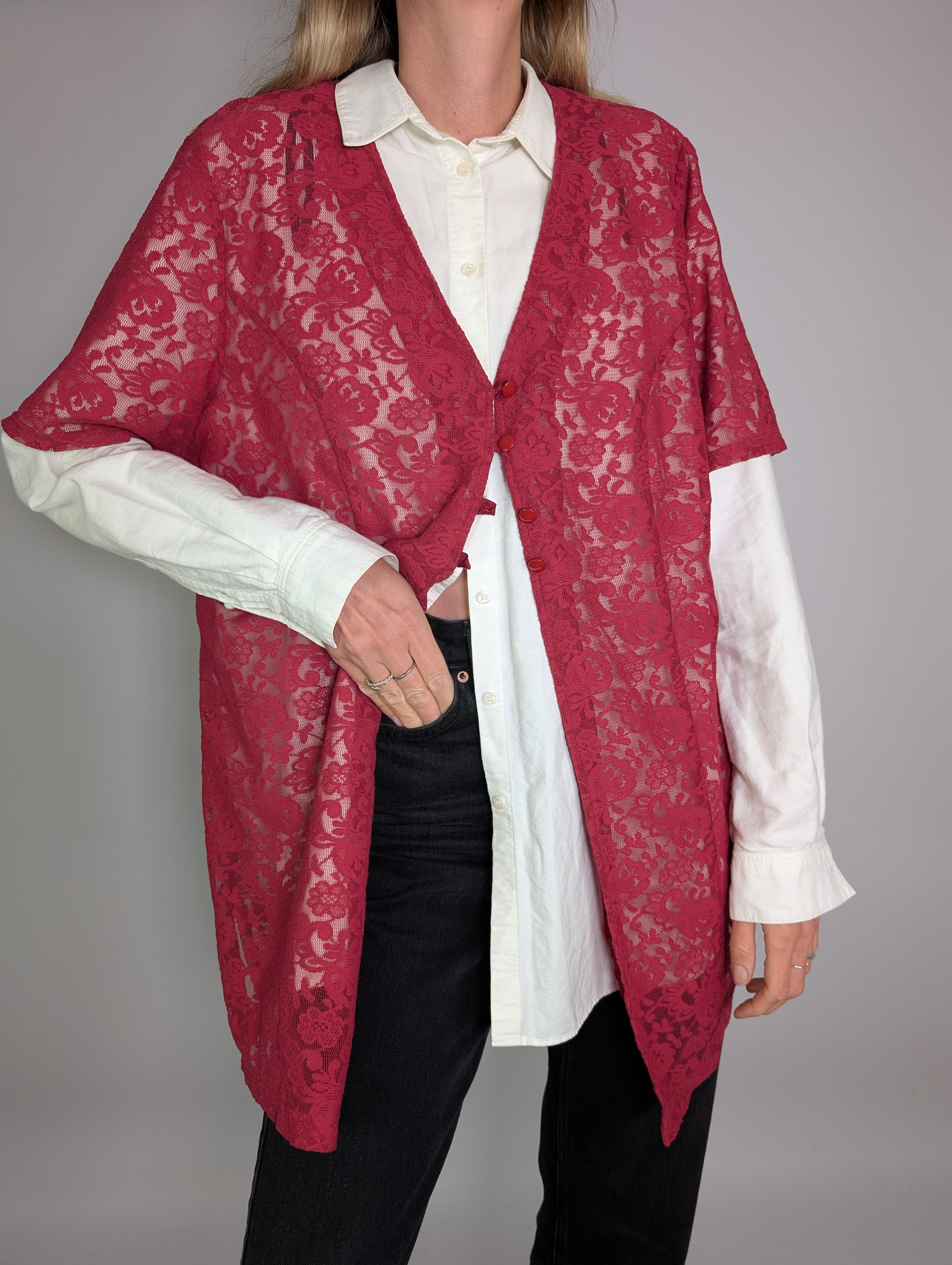 Vintage 90-tal lång spetsblus i rosa (L-XL)