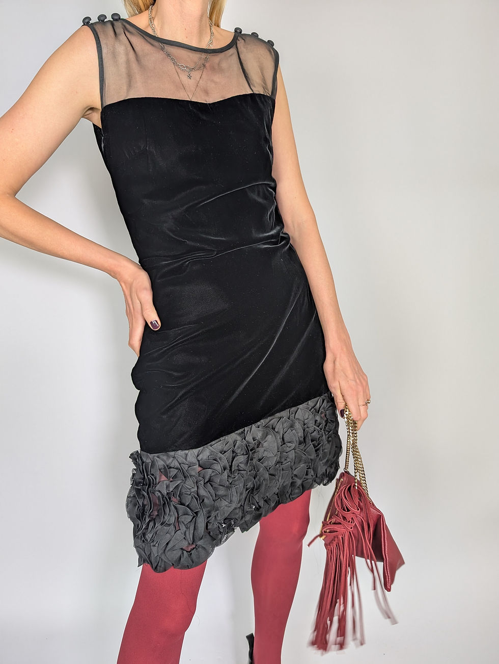 Vintage 70-tal svart sammetsklänning med organza (S)