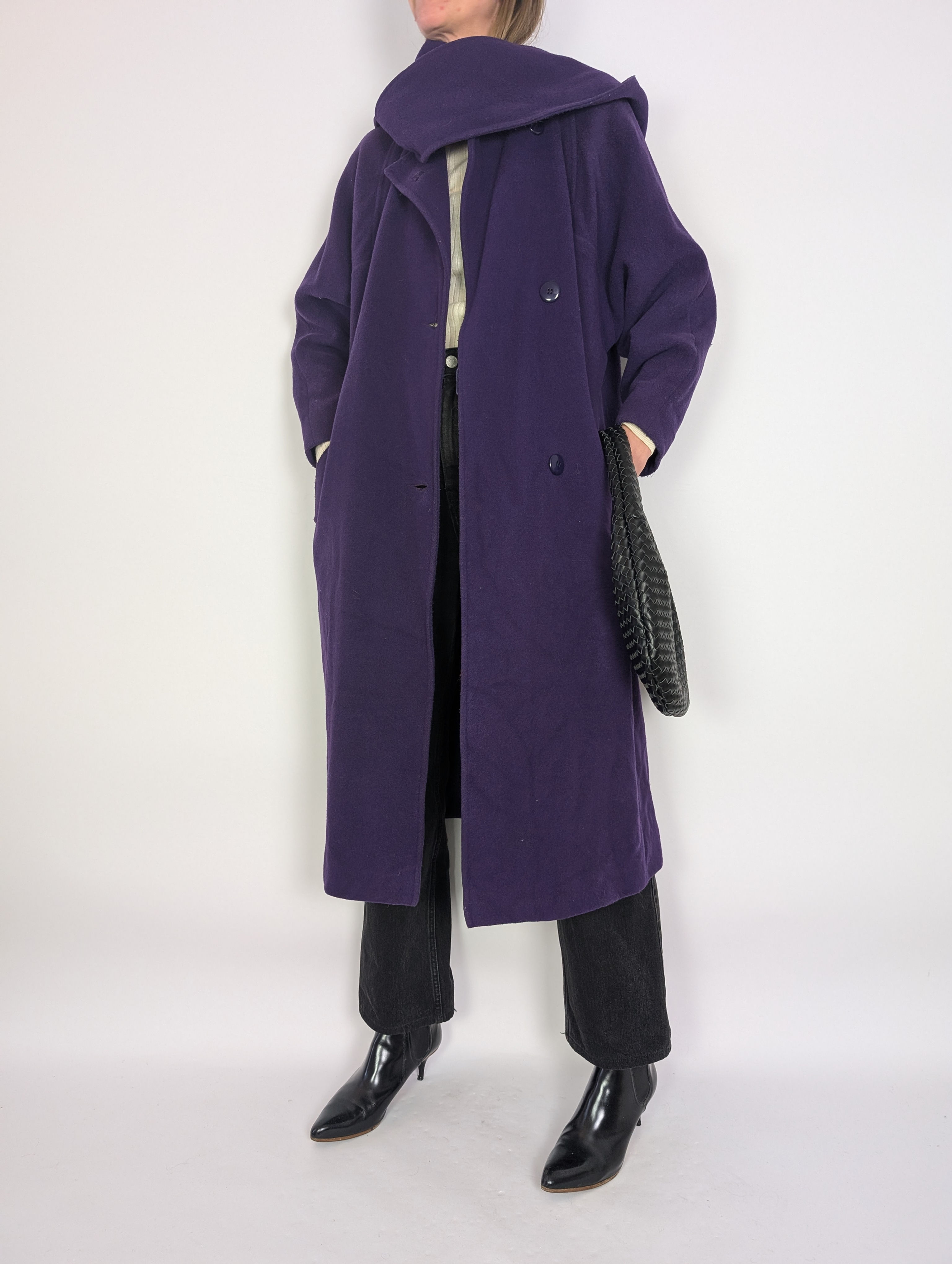 Vintage 80-tal lila ullkappa med sjalkrage (XS-M)