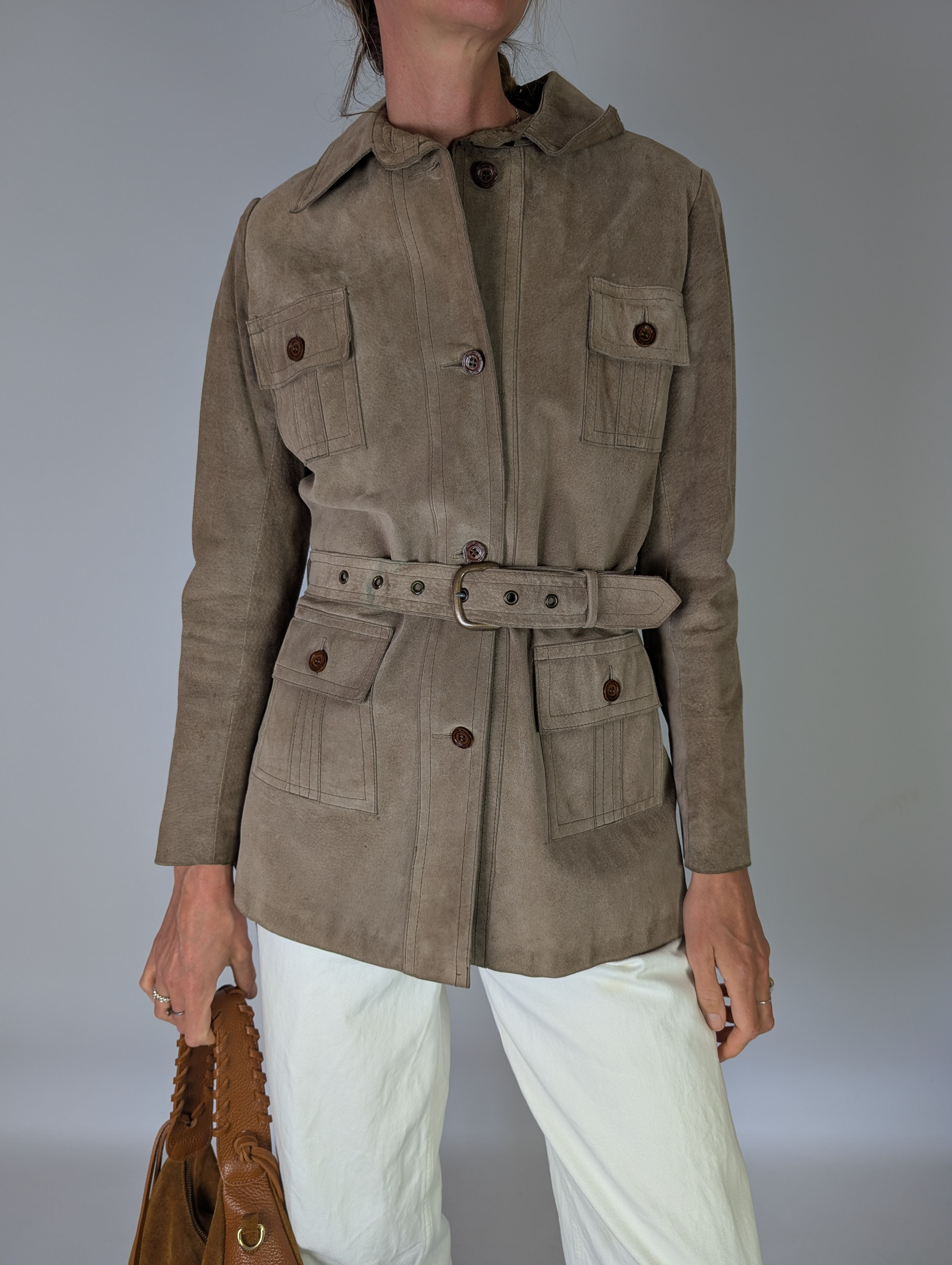 Vintage 70-tal beige bältad mockajacka (M)