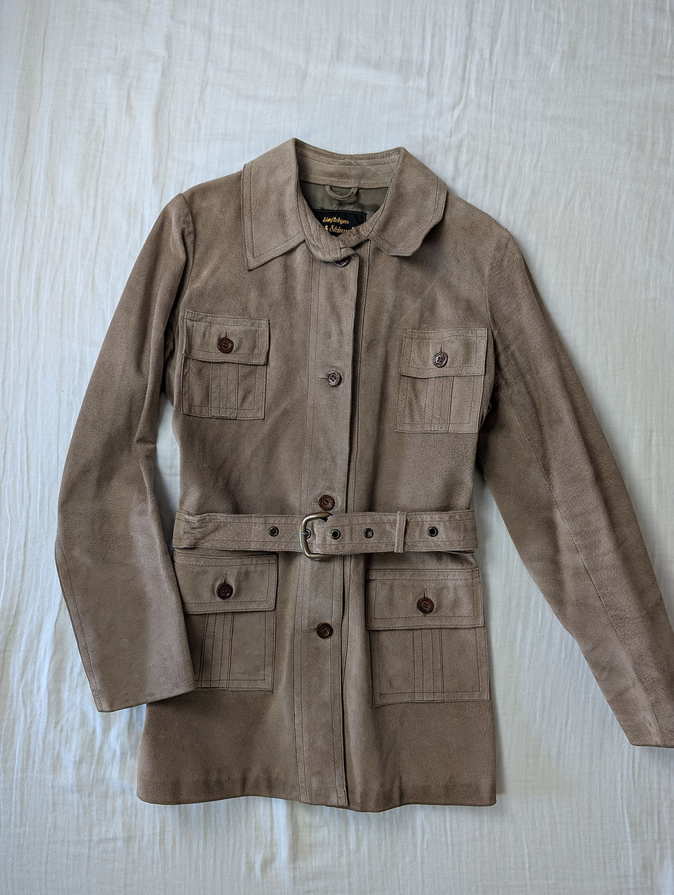 Miniatyrbild: Vintage 70-tal beige bältad mockajacka (M)