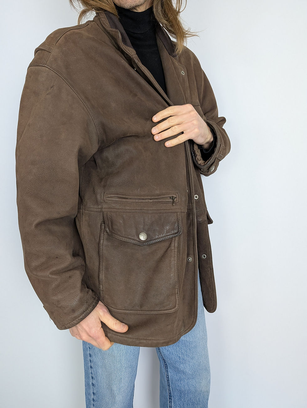 Miniatyrbild: Vintage vadderad parkas i mörkbrunt läder (XL)