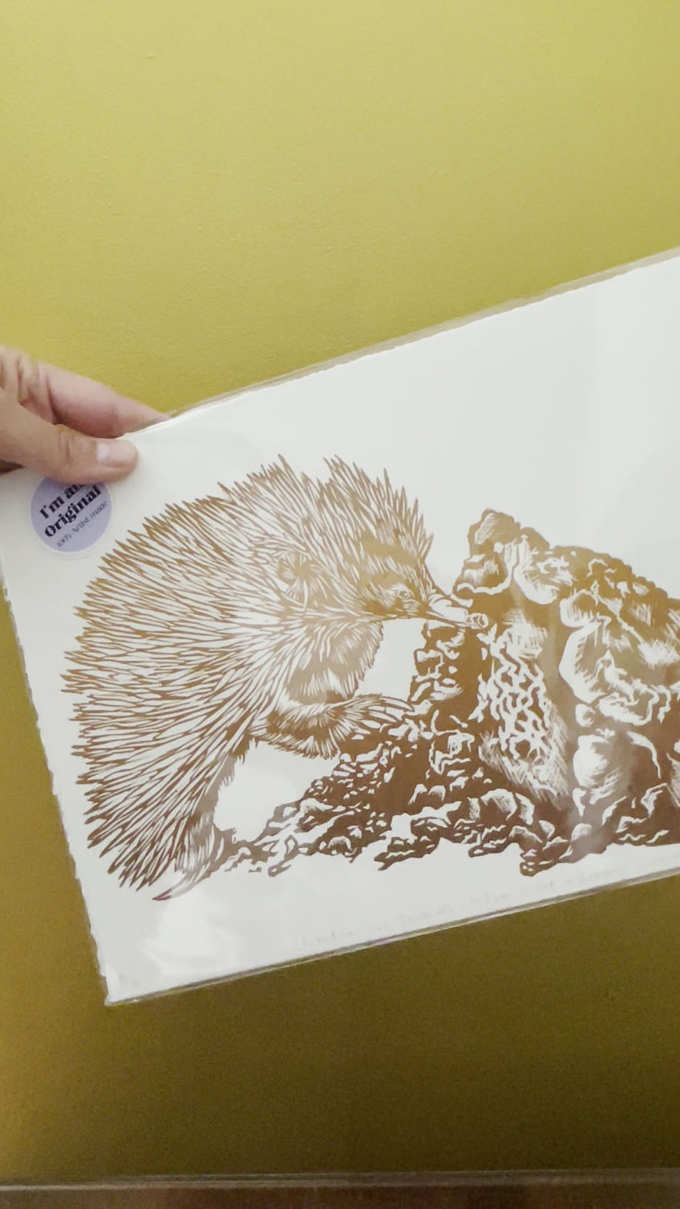 Thumbnail: Echidna vs Termites in Yellow Ochre | A4 Linocut Print