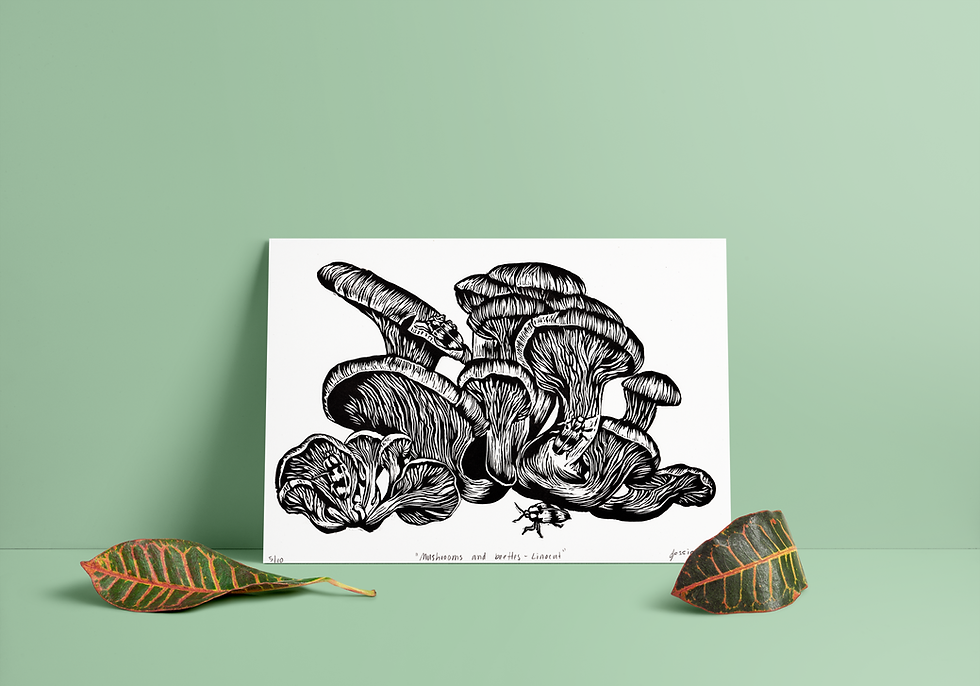 Mushrooms and Beetles in Black | A4 Linocut Print