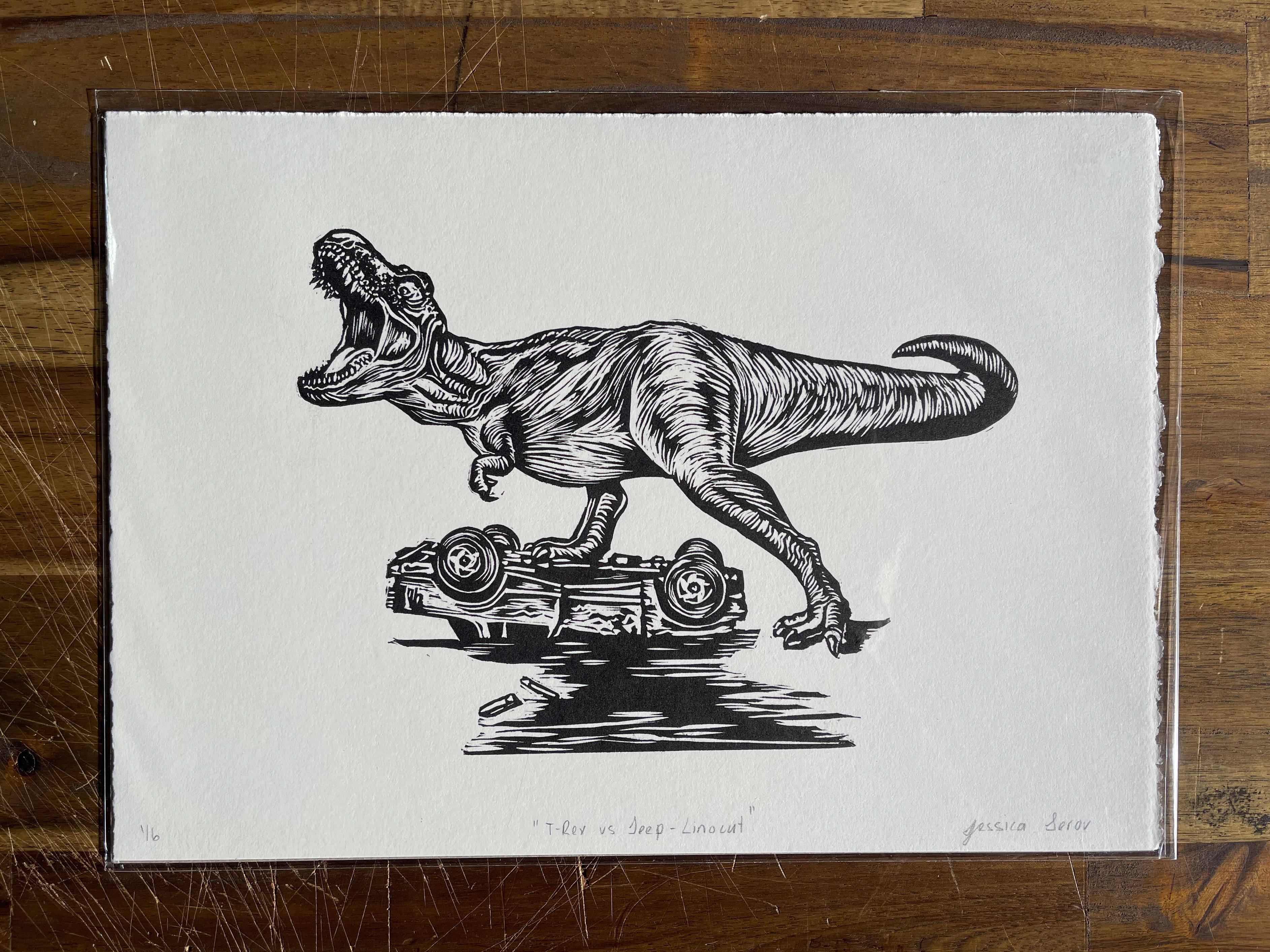 T-rex vs Jeep Linocut Print