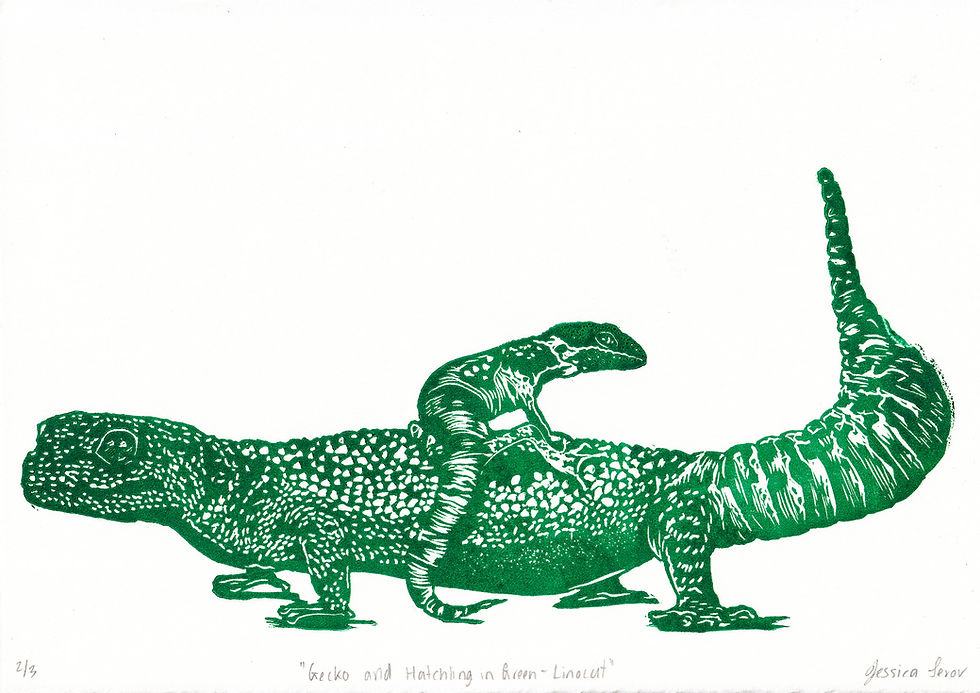 Thumbnail: Gecko and Hatchling in Green  | A4 Linocut Print