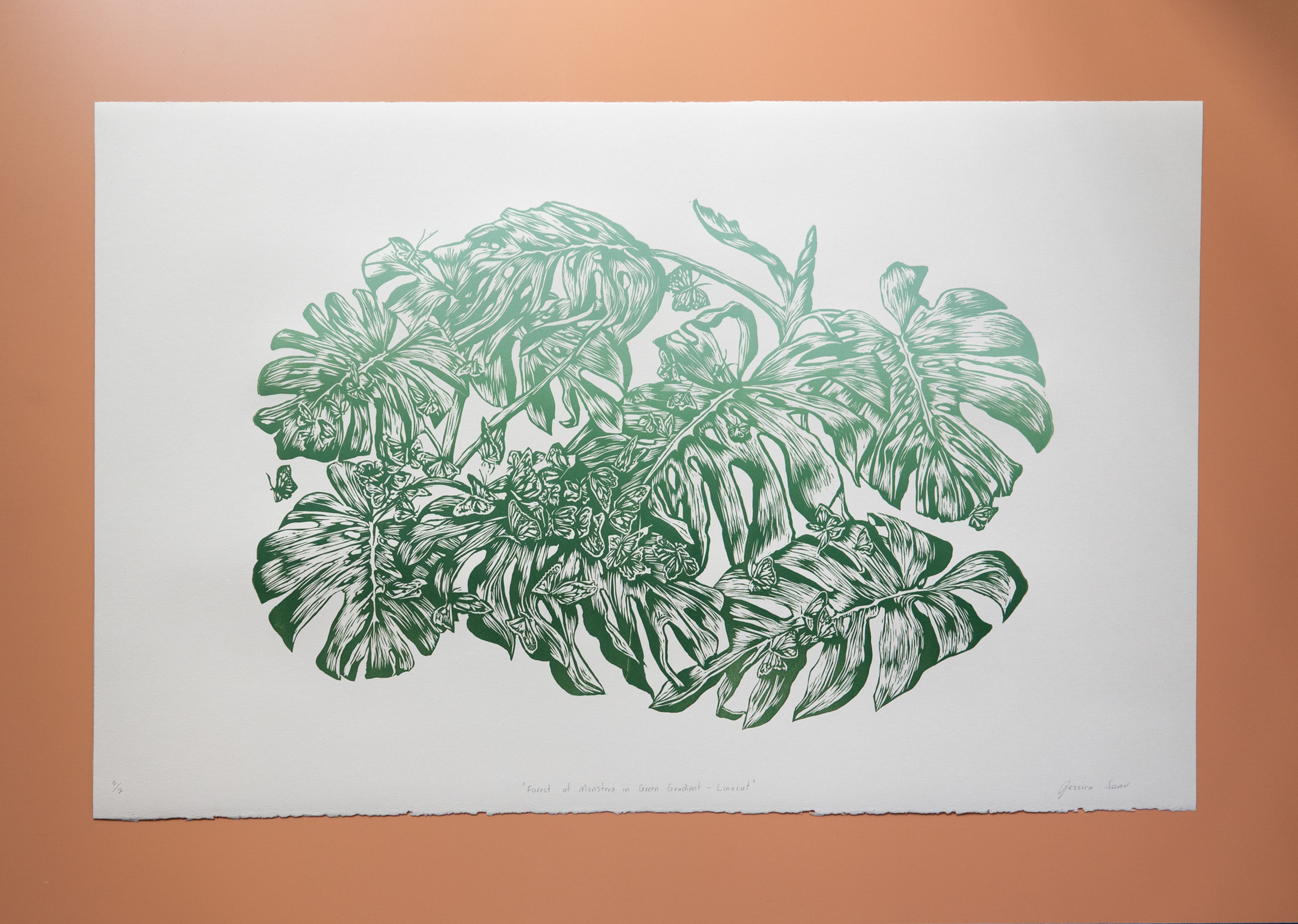 Forest of Monstera Linocut Print in Green Gradient | A2