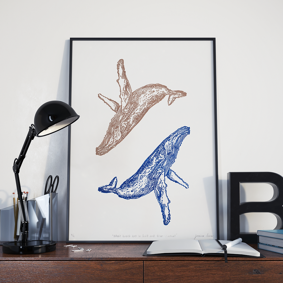 Whale Breach in Gold and Blue | A3 Linocut Print