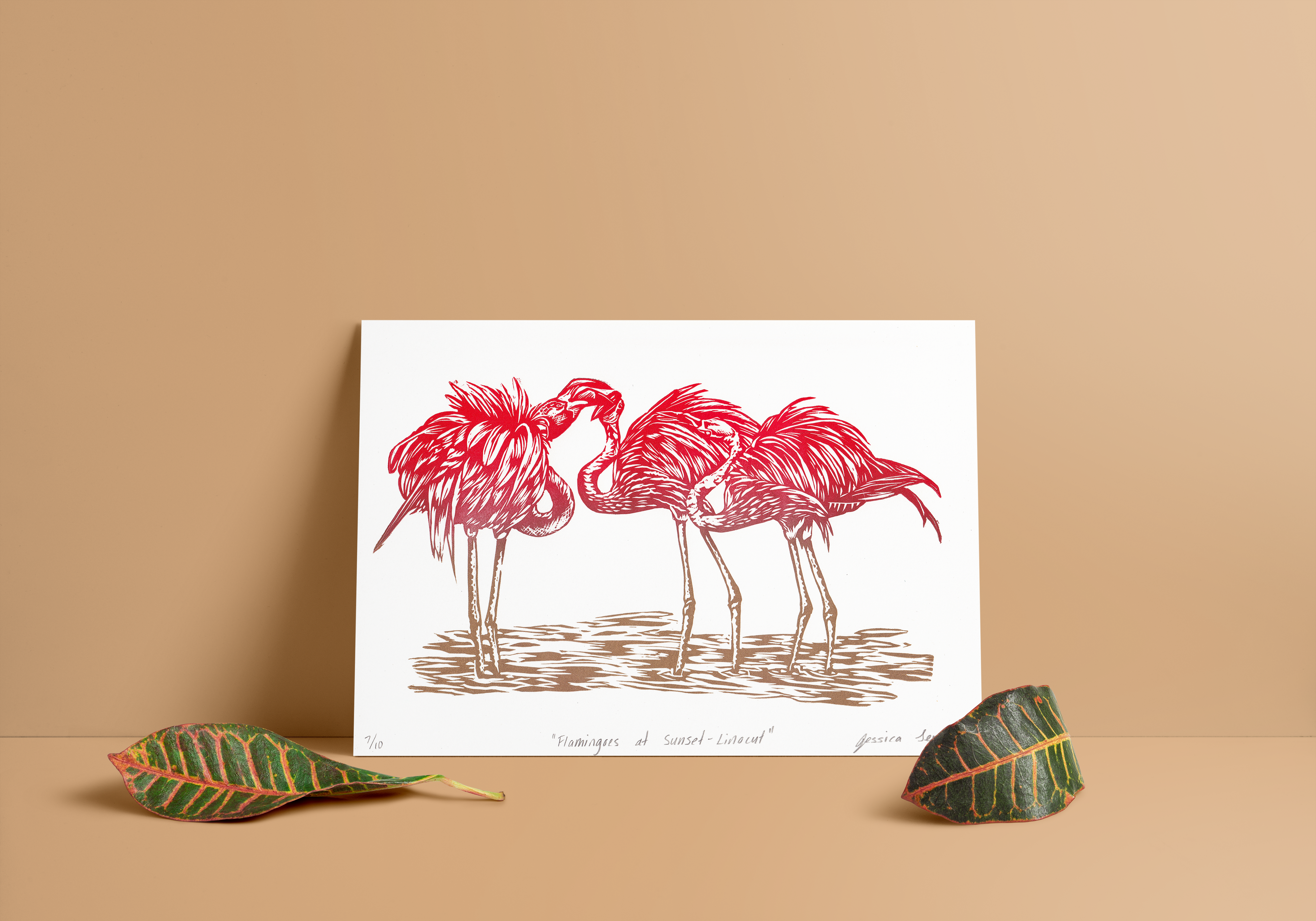 Flamingos at Sunset | A4 Linocut Print