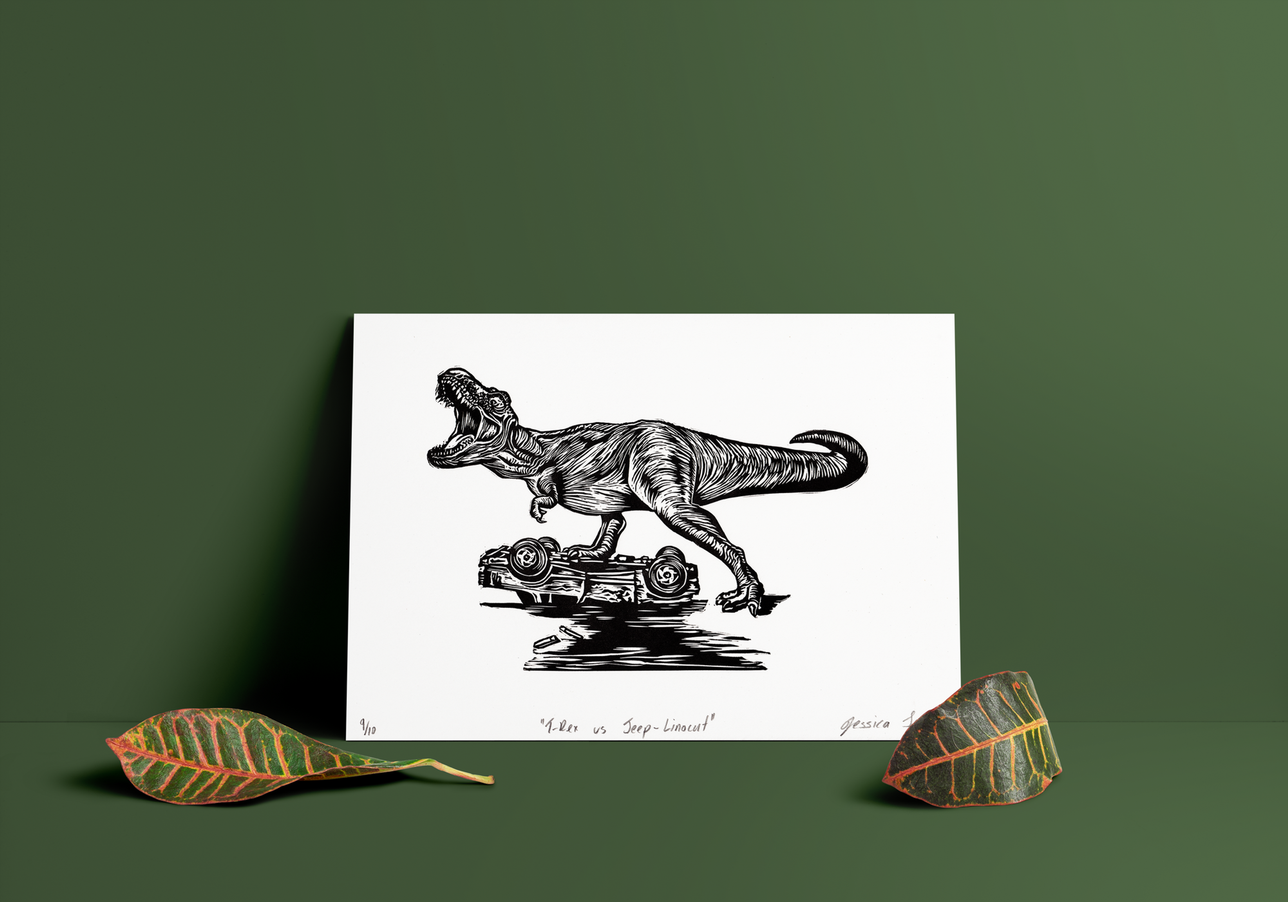 T-Rex vs Jeep | A4 Linocut Print