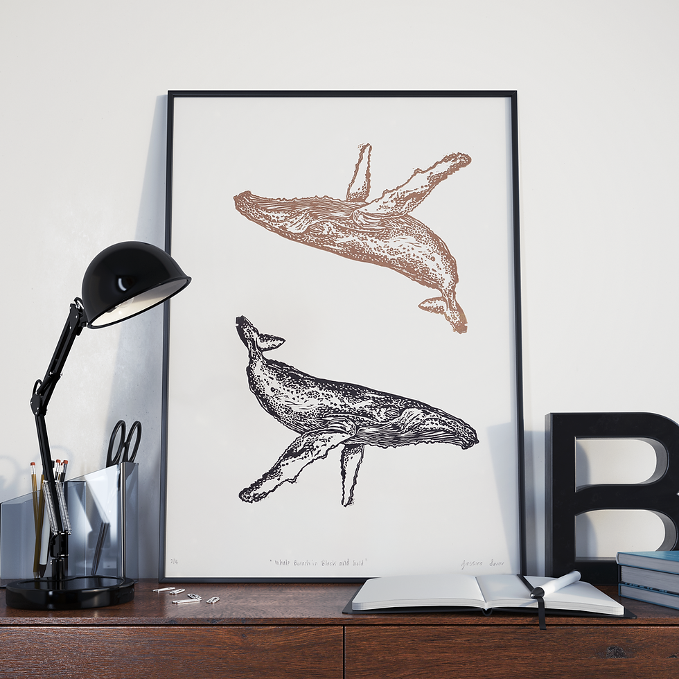 Whale Breach in Black and Gold | A3 Linocut Print