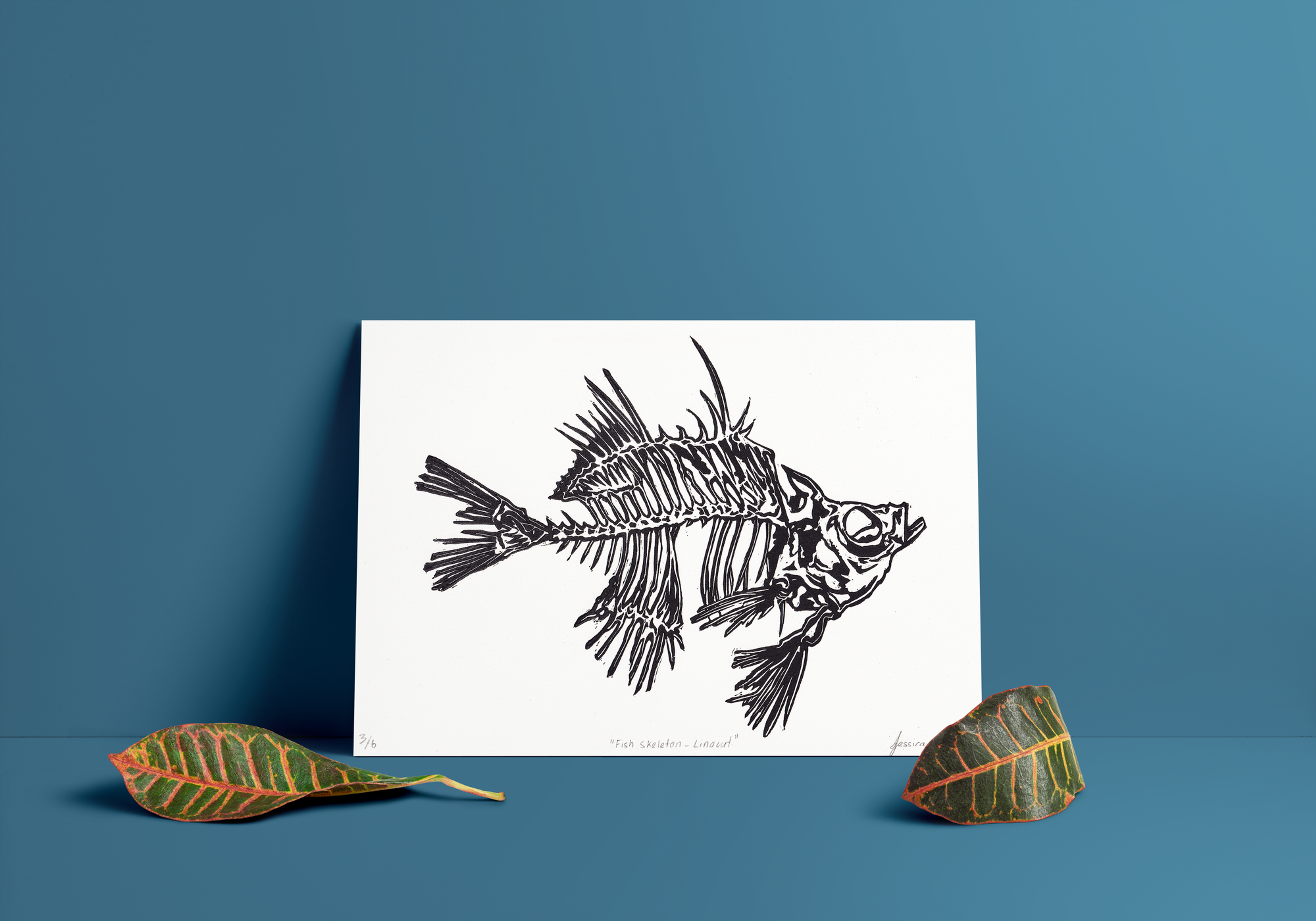 Fish Skeleton in Black | A4 Linocut Print
