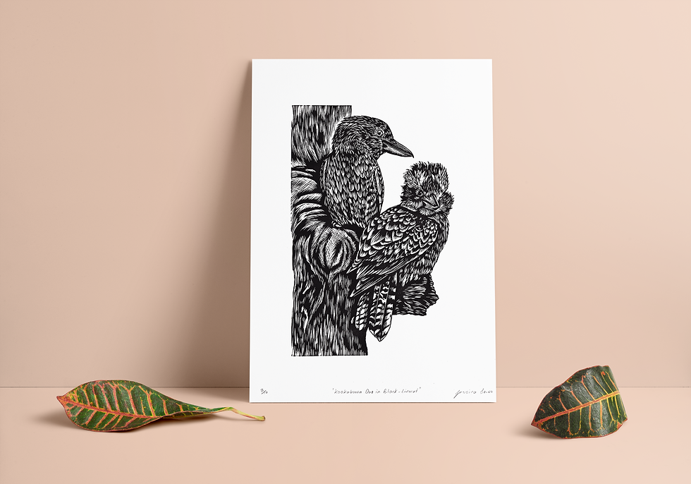 Kookaburra Duo in Black | A3 Linocut Print